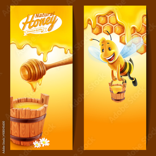 frame honey with bee and stick