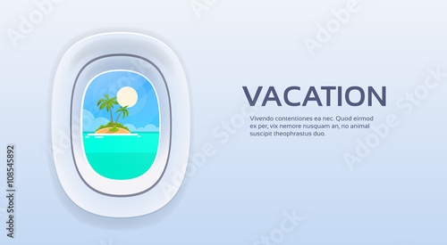 Aircraft Window View Tropical Island Ocean Summer Vacation Plane Tourism Flight Copy Space