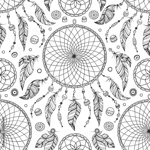 Hand drawn boho seamless pattern with dream catcher and beads