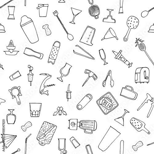 Bartender stuff. Seamless pattern. Big hand drawn collection. Vector. Isolated.