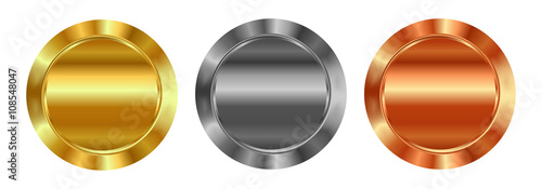 Vector set of blank templates of gold, silver, bronze, which can be used as labels, buttons, coins, medals
