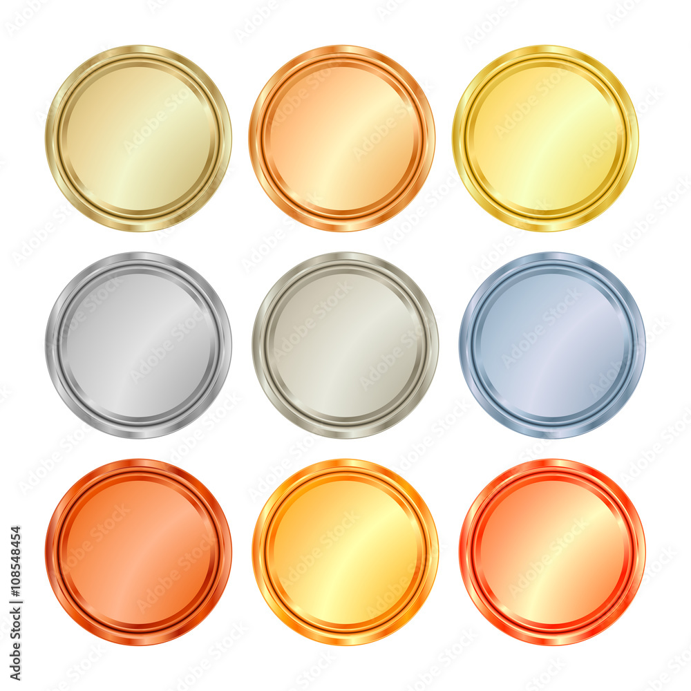 vector round blank templates from gold platinum silver bronze copper brass  which can be used as print medals badges coins medals tags labels Stock  Vector
