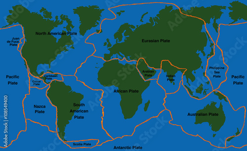 Plate tectonics - world map with fault lines of major an minor plates. Vector illustration.