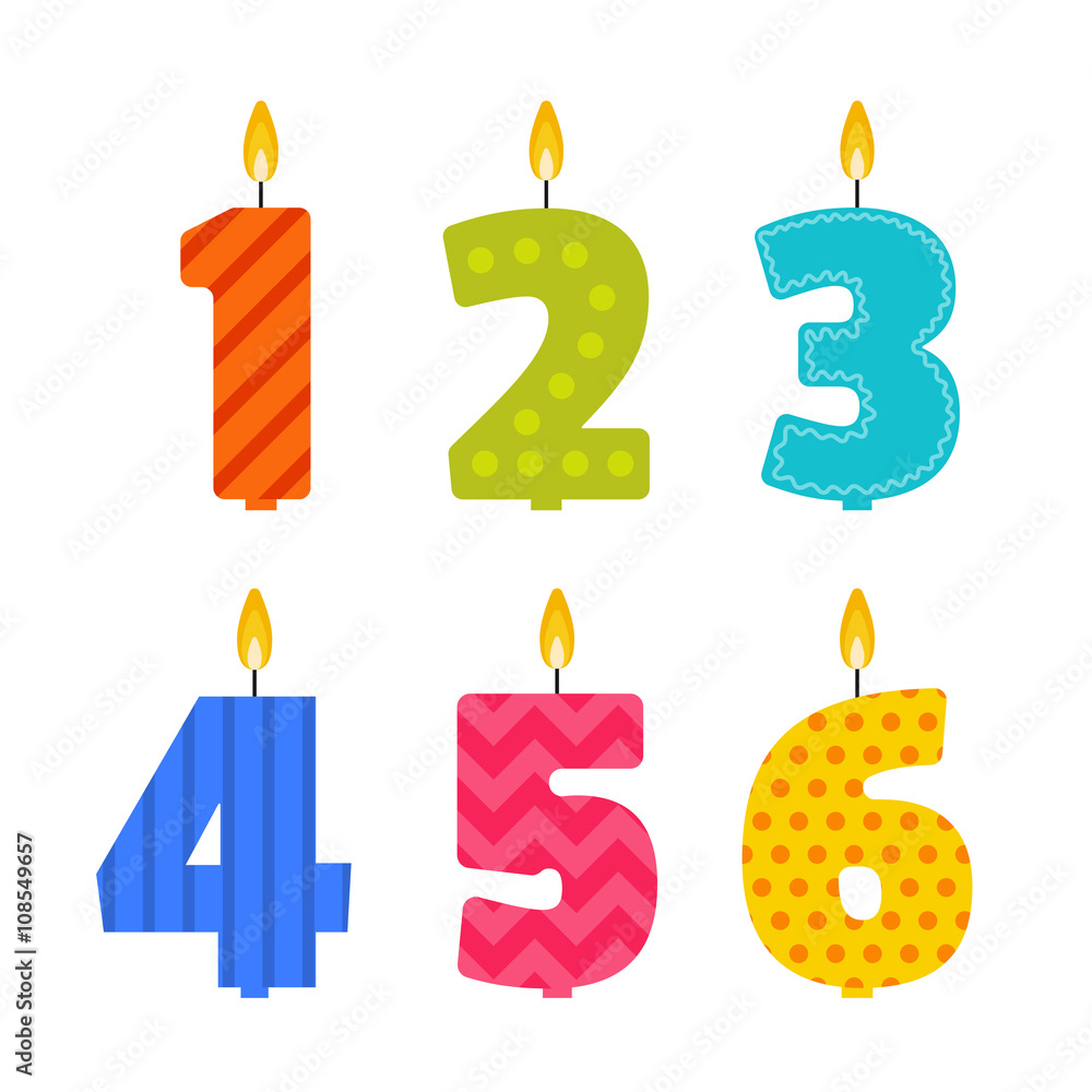 Vector flat design birthday candle set in the shape of numbers 1, 2, 3, 4, 5, 6. Burning colorful candles with different festive patterns in flat style. For anniversary party invitation, decoration. Vector flat design birthday candle set in the shape of numbers 1, 2, 3, 4, 5, 6. Burning colorful candles with different festive patterns in flat style. For anniversary party invitation, decoration.