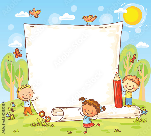 cartoon frame with three kids outdoors