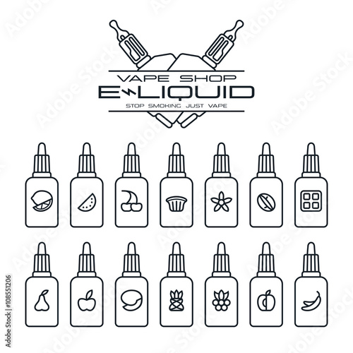 Vape shop e-liquid flavors icons set