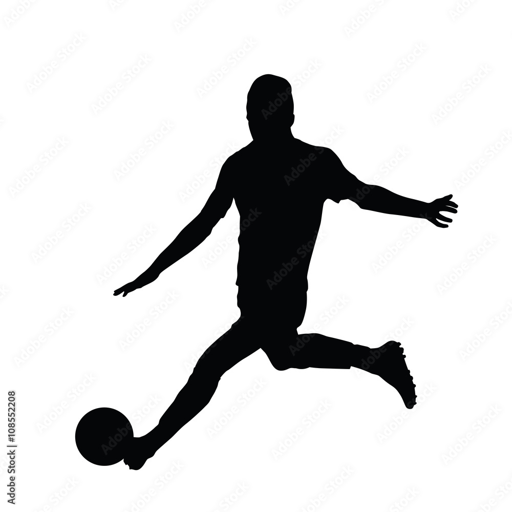 Soccer player vector silhouette, running man kicking ball, footb