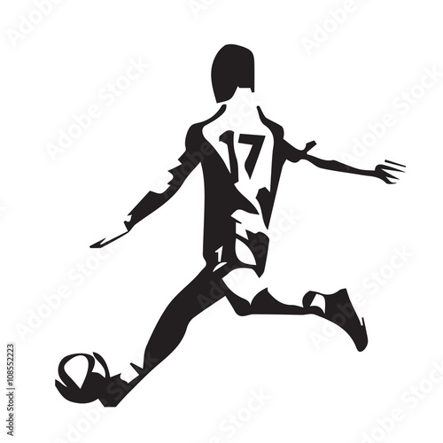 Soccer player vector silhouette, running man kicking ball, footb