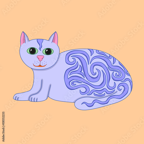 Vector illustration purple fairytale cat with wavy ornament isolated on orange background
