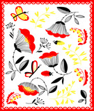 Cartoon floral decorative design elements set with bugs and butt