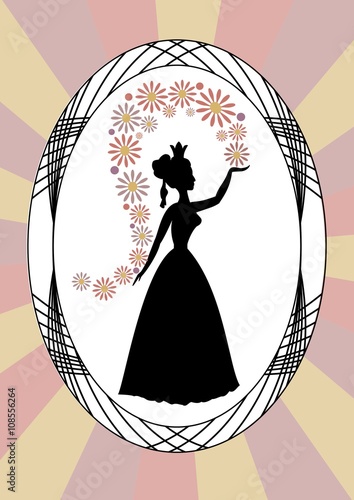 Vintage lady silhouette, lady throwing flowers, in oval frame on rays background, art deco style