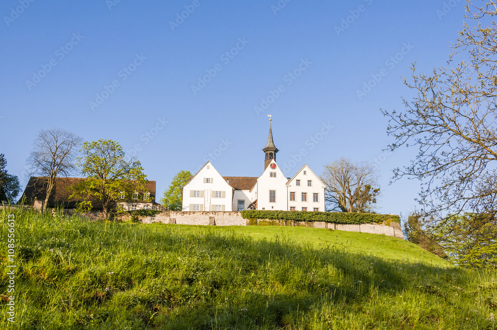 Fototapeta premium Binningen, Dorf, St. Margarethen-Kirche, Margarethenhügel, Kirche, Baselland, Basel-Stadt, Frühling, Spazierweg, Aussichtspunkt, Schweiz