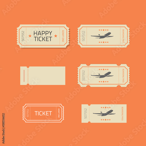 Ticket icons vector set isolated on orange background, ticket stub line outline illustration design