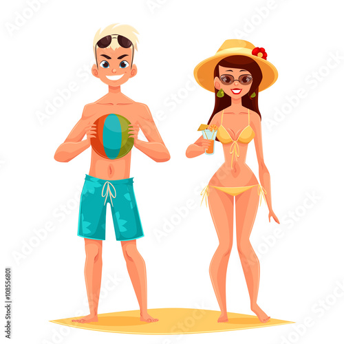 Boy and girl on holiday, vector cartoon illustration, couple on beach, guy with glasses swimming trunks, a hat girl in a bathing suit, cocktail, couple relaxing on beach in summer, two isolated human