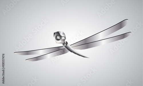 Dragonfly robot with a camera head. Realistic vector illustration of a drone.