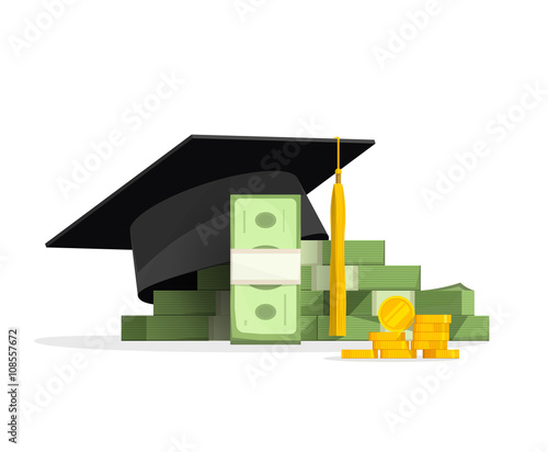 Graduation cap on pile of money and coins, concept of education costs, study cash, tuition fees, tax, pay, spending education money investment flat cartoon design isolated on white background