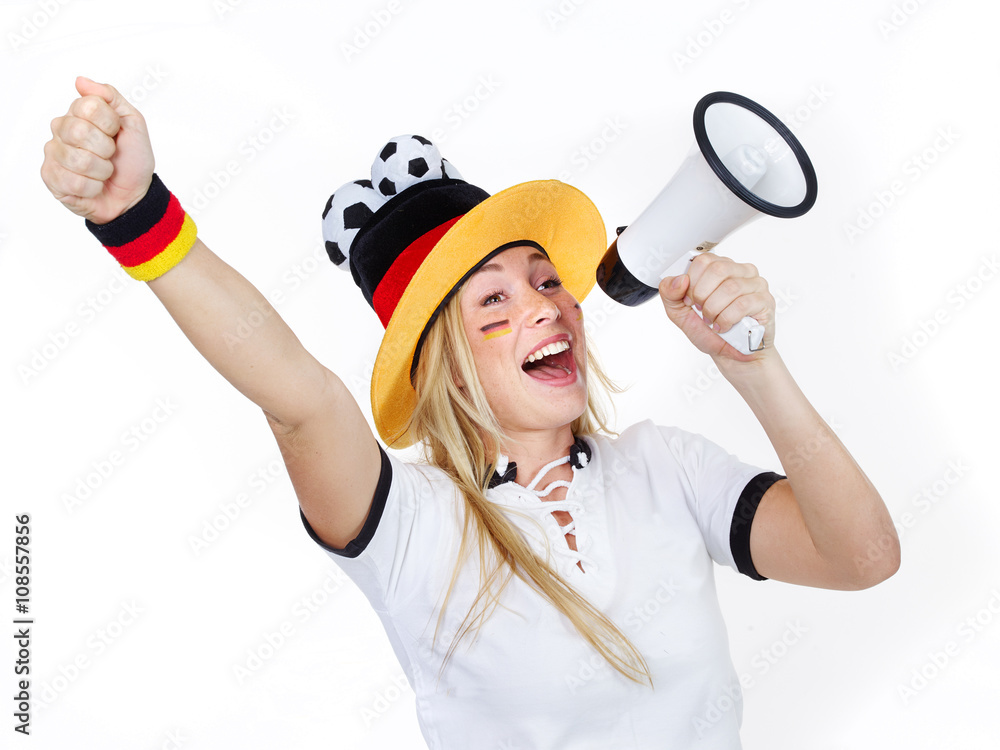 Girly soccer fan shouting loud through megaphone Girly soccer fan shouting loud through megaphone