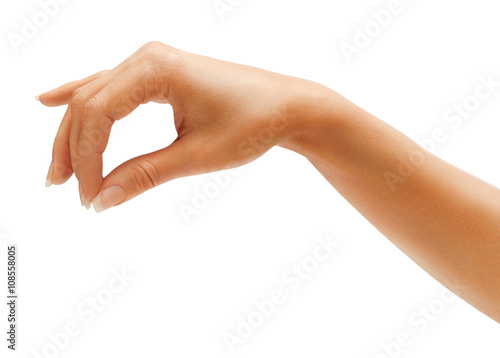 Fotografie Woman hand hold something isolated on white background