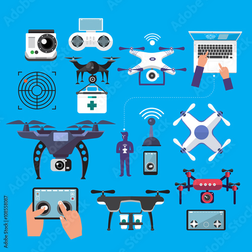 Drones vector set. Flat design element drone and controller connecting. Illustrate