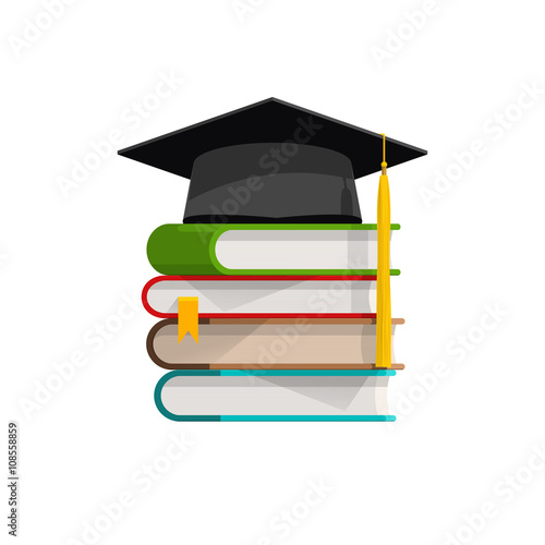 Graduation cap on books stacked, mortar board with pile of books with shadow, symbol of education, learning, knowledge, intelligence, flat cartoon vector illustration design isolated on white