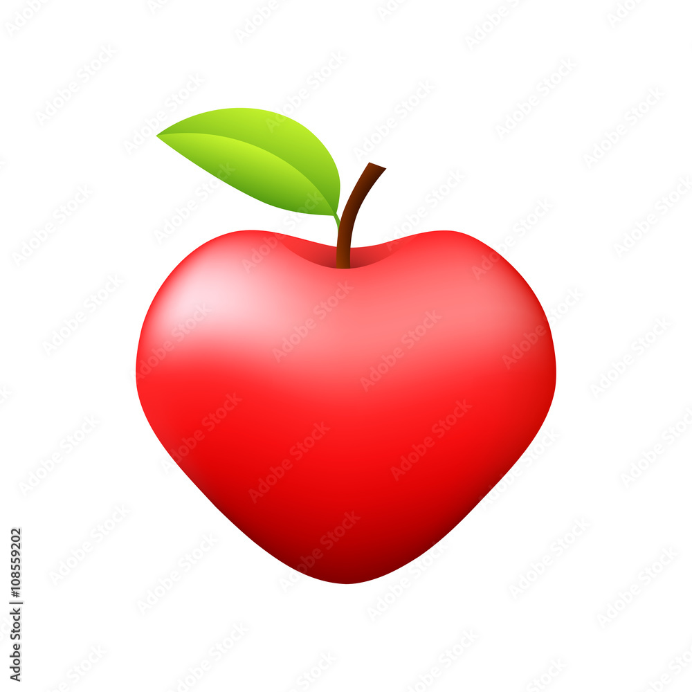 Fototapeta premium Red apple on white background, isolated vector icon, heart shape