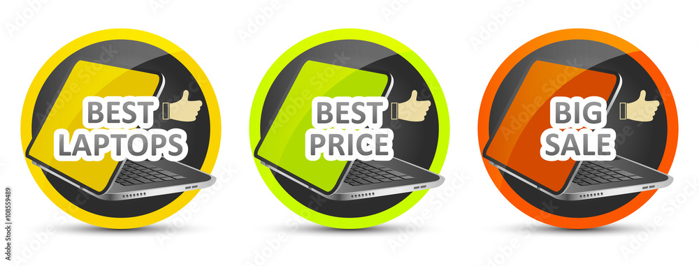 Best laptop. Best price. Big sale. Vector icon.
