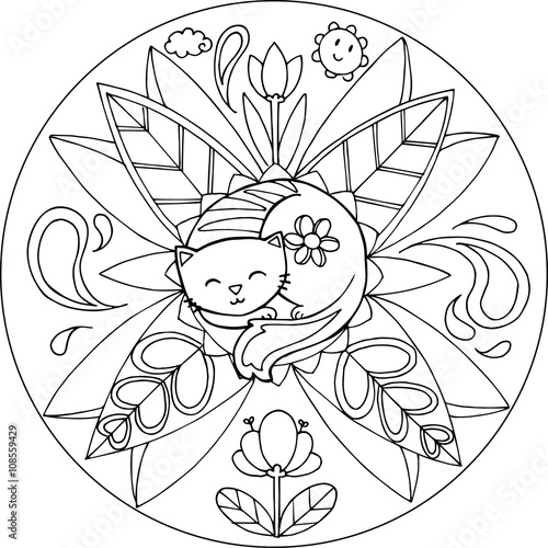 Coloring cat with flowers and leaves. Vector animal mandala.