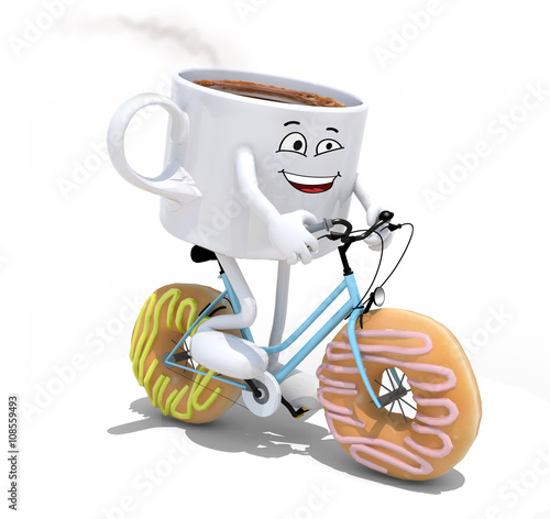 cartoon coffee cup riding bicycle with donuts instead wheels