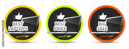 Best laptop. Best price. Big sale. Vector icon.