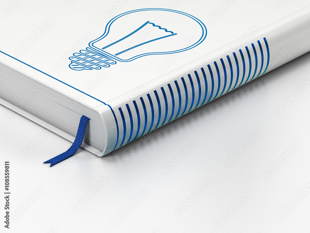 Finance concept: closed book, Light Bulb on white background Finance concept: closed book, Light Bulb on white background