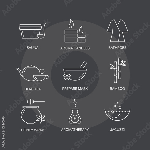 Spa thin line icons set on dark background. Exceptional elegant linear logo concept. 
Exclusive outline sign vector illustration.