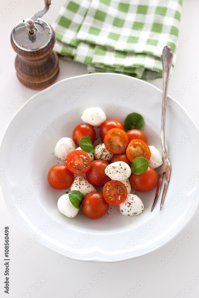 Mozzarella with tomatoes, italian herbs and salad leaves on a white plate on a table, closeup, selective focus. Mozzarella with tomatoes, italian herbs and salad leaves on a white plate on a table, closeup, selective focus.