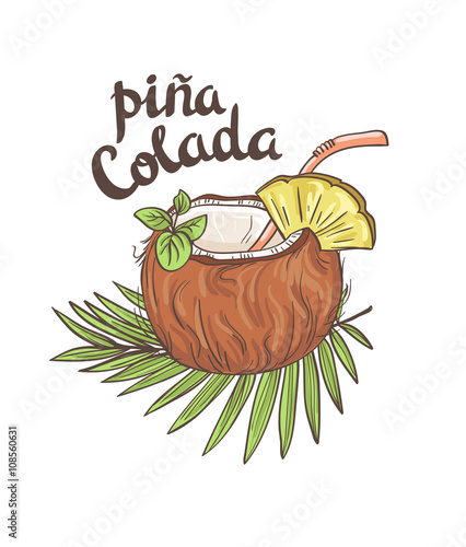 Tropic coconut cocktail. Vector Hand drawn illustration