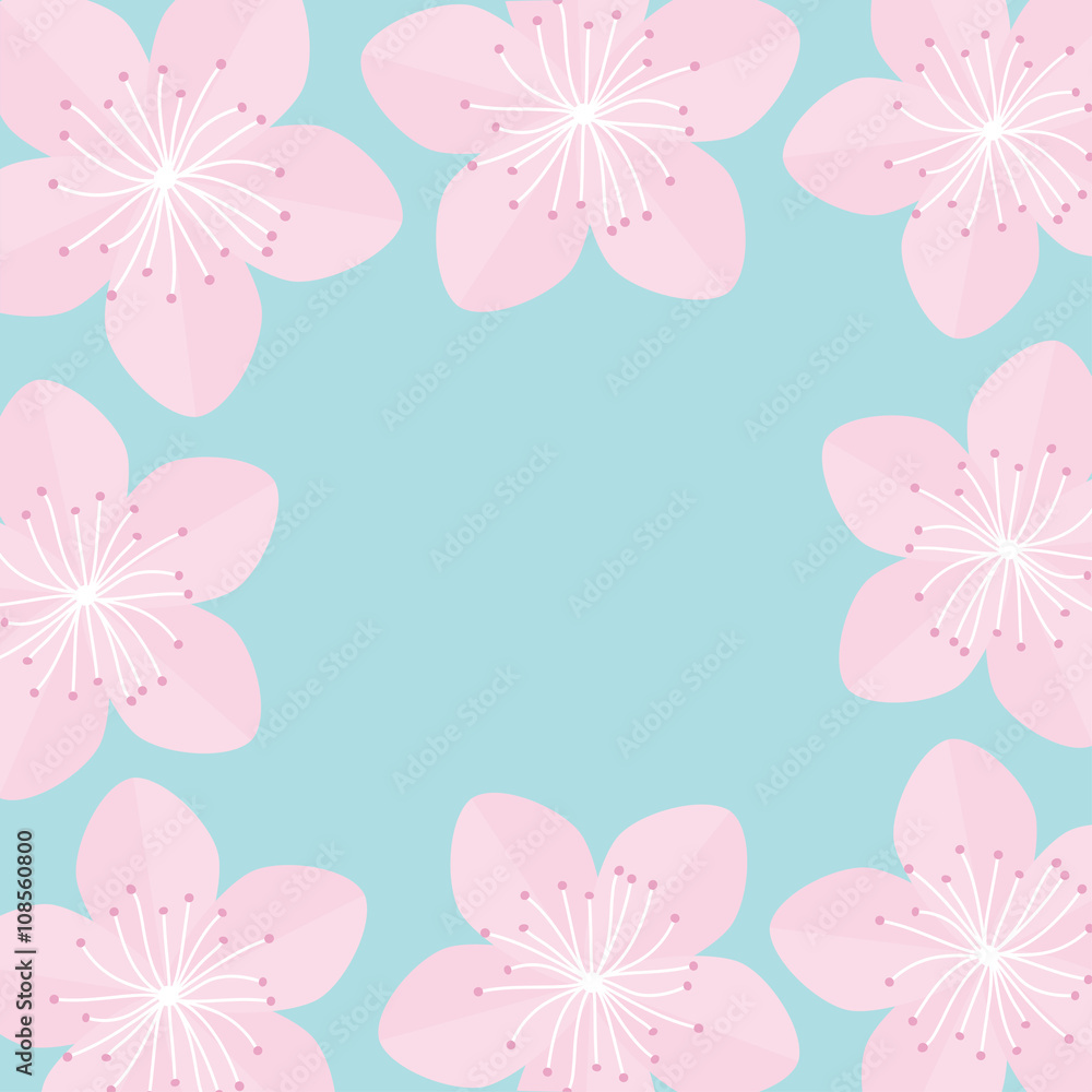 Sakura flowers Japan blooming cherry blossom set Blue background Template Flat design