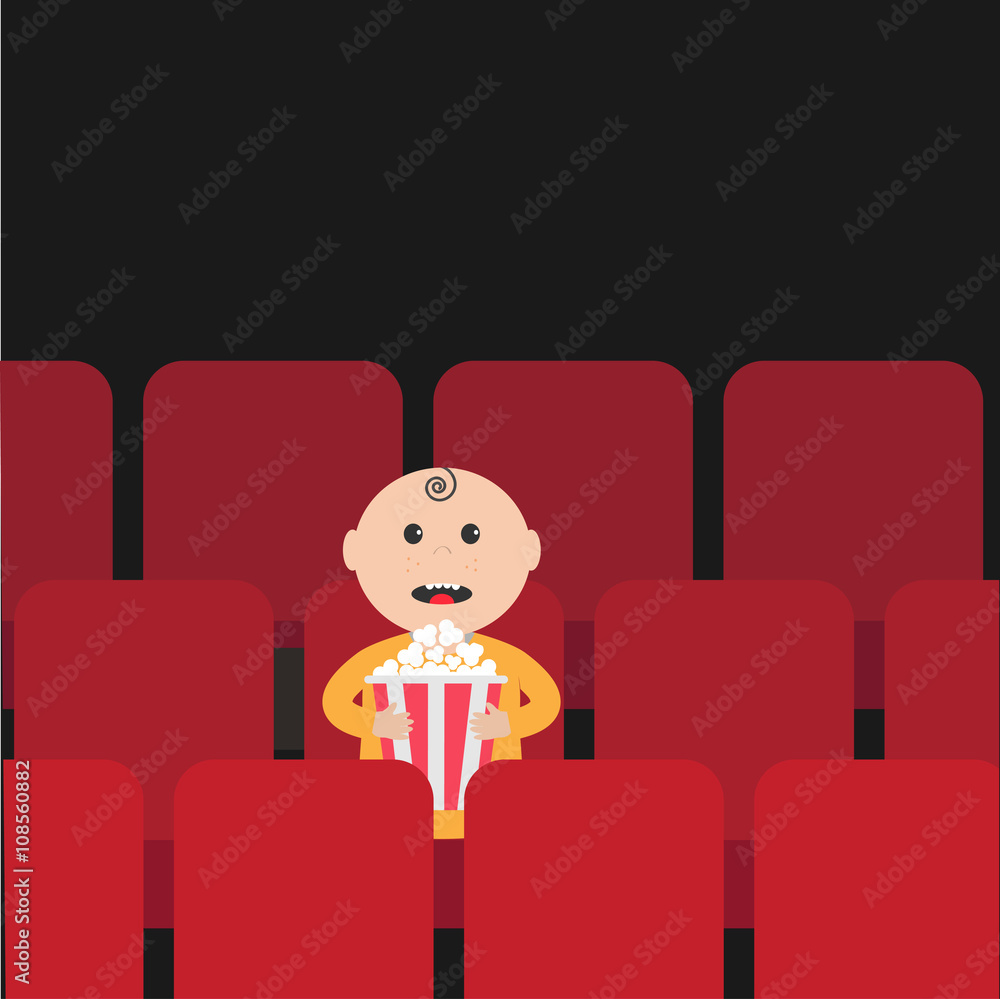 Cartoon man little boy character sitting in movie theater. Film show Cinema  background. Viewer watching movie. Popcorn box. Flat design Stock Vector |  Adobe Stock