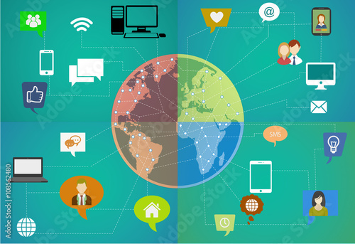 A earth in the center with diferents tools of social media.