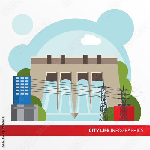 Hydroelectric power station in a flat style.