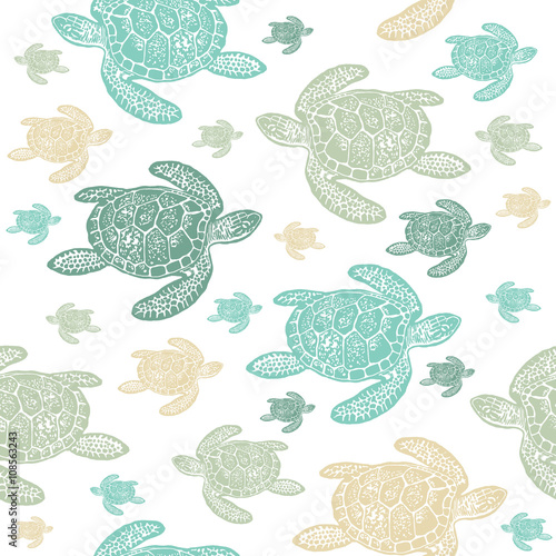 Sea Turtles colourful seamless vector pattern.