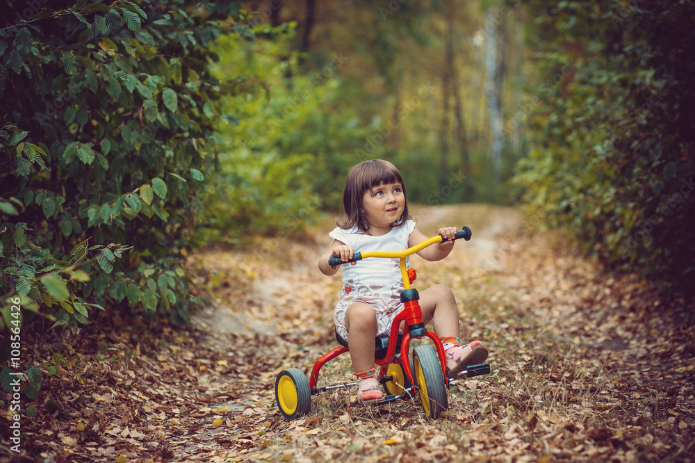 Adorable girl riding a bike on beautiful autumn day. childhood, leisure, friendship and people concept. walks in the woods on a sunny autumn day. Children playing outdoors. Happy family. series Adorable girl riding a bike on beautiful autumn day. childhood, leisure, friendship and people concept. walks in the woods on a sunny autumn day. Children playing outdoors. Happy family. series