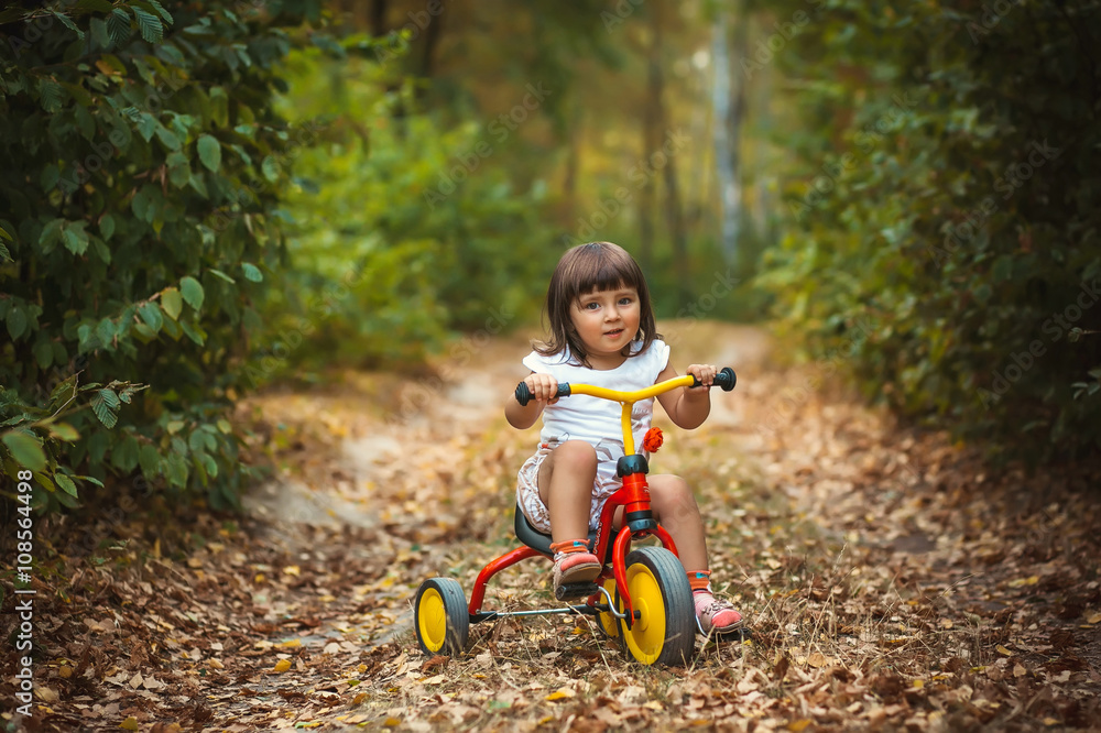 Adorable girl riding a bike on beautiful autumn day. childhood, leisure, friendship and people concept. walks in the woods on a sunny autumn day. Children playing outdoors. Happy family. series Adorable girl riding a bike on beautiful autumn day. childhood, leisure, friendship and people concept. walks in the woods on a sunny autumn day. Children playing outdoors. Happy family. series