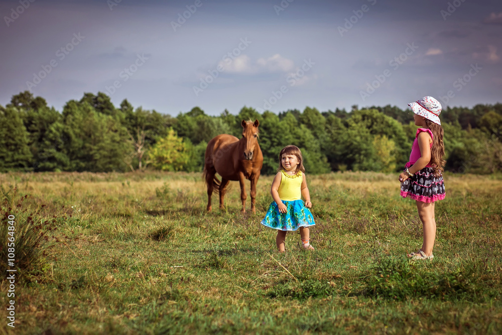  childhood, leisure, friendship and people concept. Beautiful scene. Two young girls on a meadow. Brown horse in the background blurred. Sunny summer day. Friendship between sisters. Happy family