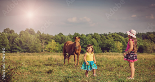  childhood, leisure, friendship and people concept. Beautiful scene. Two young girls on a meadow. Brown horse in the background blurred. Sunny summer day. Friendship between sisters. Happy family © jenyateua