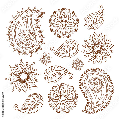 Henna tattoo mehndi doodle elements on white background