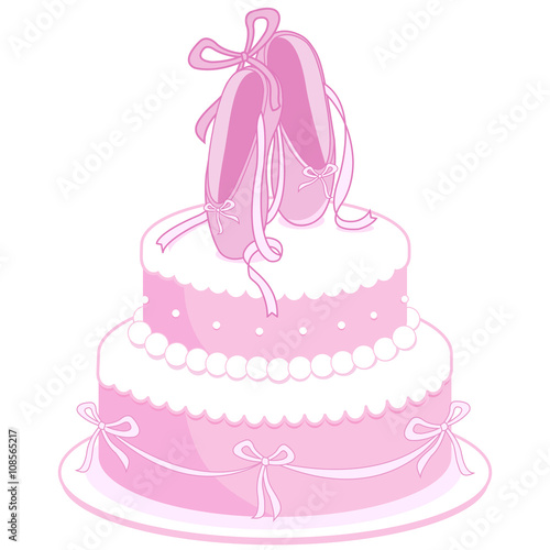 Pink ballerina birthday cake decorated with ballet shoes, pearls and ribbons. Vector illustration