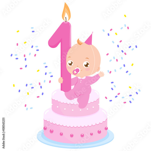 Baby girl on a pink birthday cake celebrating her first birthday throwing confetti. Vector illustration