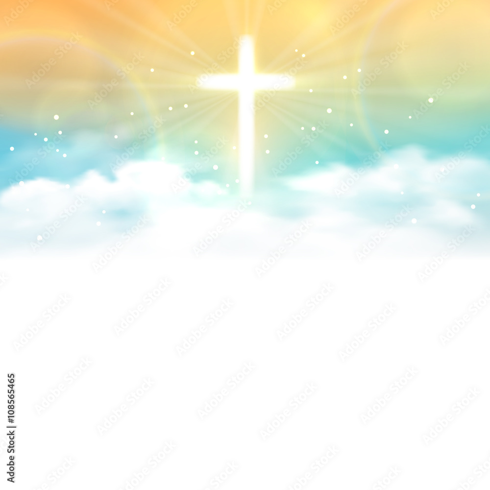Fototapeta premium Background with shining across and heaven with white clouds. Vector illustration, eps10.
