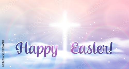 Easter banner with text 'Happy Easter', shining across and heaven with white clouds. Vector illustration background.