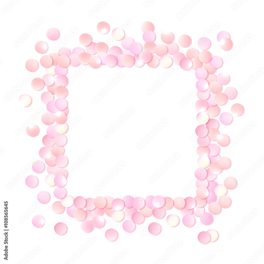 Pink realistic square confetti frame, design template for gift, certificate, voucher, AD brochure and so. Colorful vector illustration isolated on white. Pink realistic square confetti frame, design template for gift, certificate, voucher, AD brochure and so. Colorful vector illustration isolated on white.
