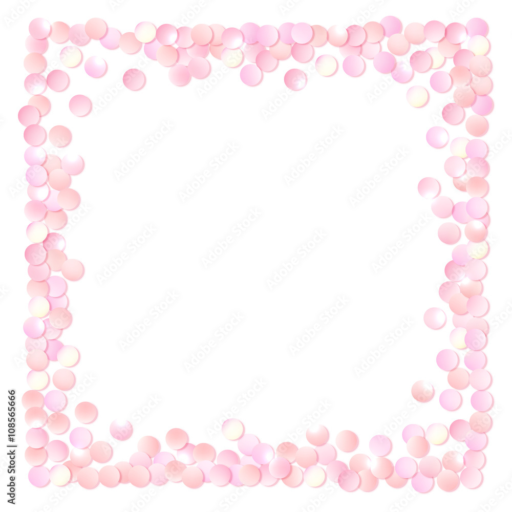 Pink realistic square confetti frame, design template for gift, certificate, voucher, AD brochure and so. Colorful vector illustration isolated on white.