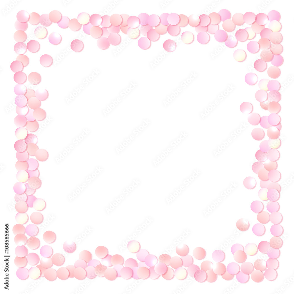 Pink realistic square confetti frame, design template for gift, certificate, voucher, AD brochure and so. Colorful vector illustration isolated on white. Pink realistic square confetti frame, design template for gift, certificate, voucher, AD brochure and so. Colorful vector illustration isolated on white.